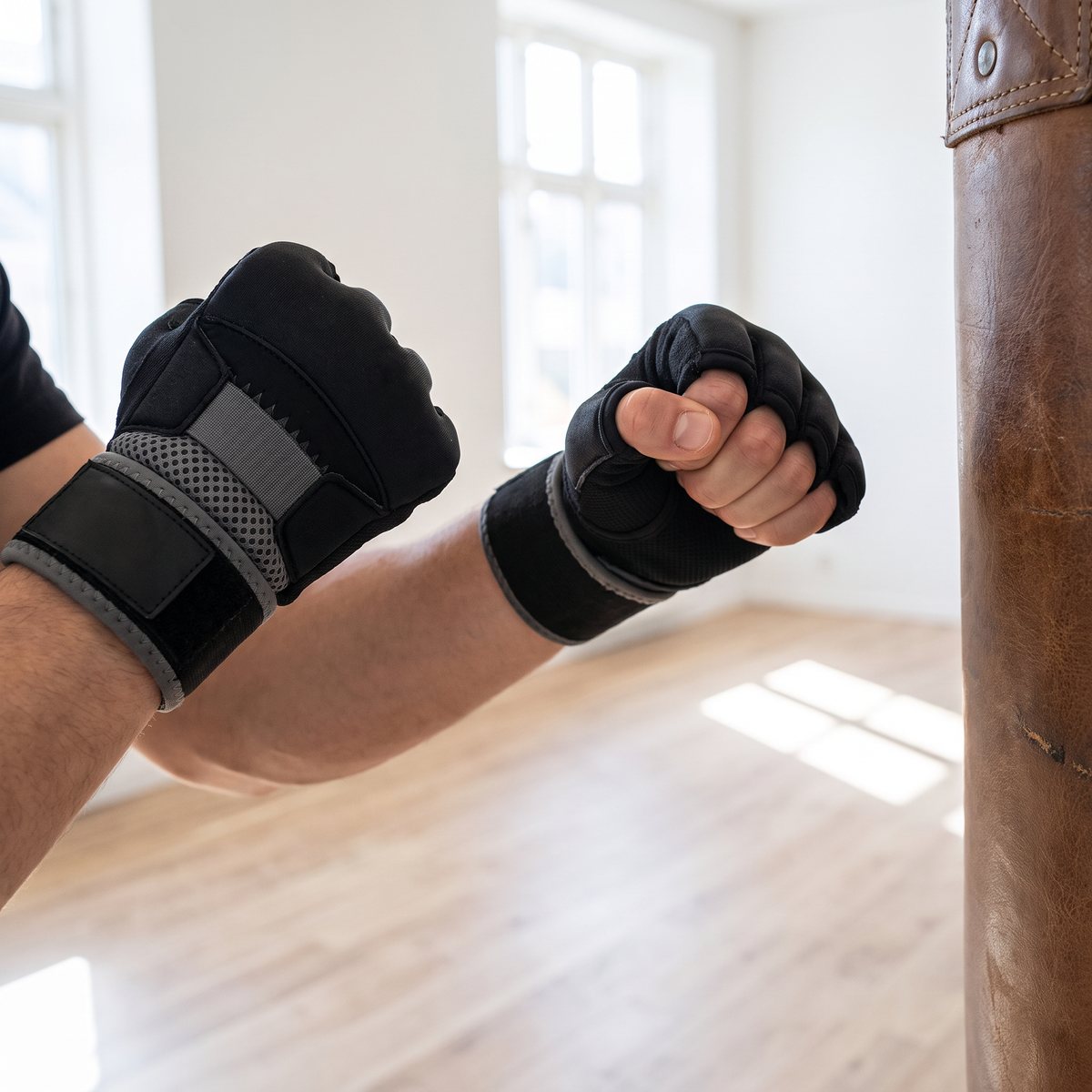 Händer i svarta Everlast EverGel-gelhandskar med grå handledsrem i boxningsställning vid en säck i ett svenskt gym