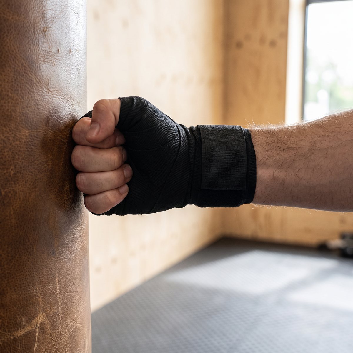 Knuten hand i svart handlinda med bred kardborrerem mot en boxningssäck i en svensk boxningsklubb