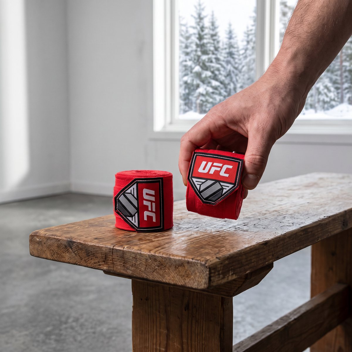 Röda UFC-handlindor på en träbänk i ett svenskt hemmagym med snöig granskog utanför fönstret