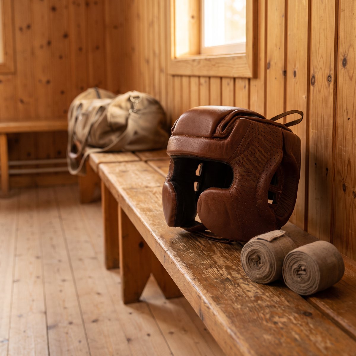 Brun Everlast 1910 boxningshjälm i vintageläder på en träbänk i ett svenskt omklädningsrum