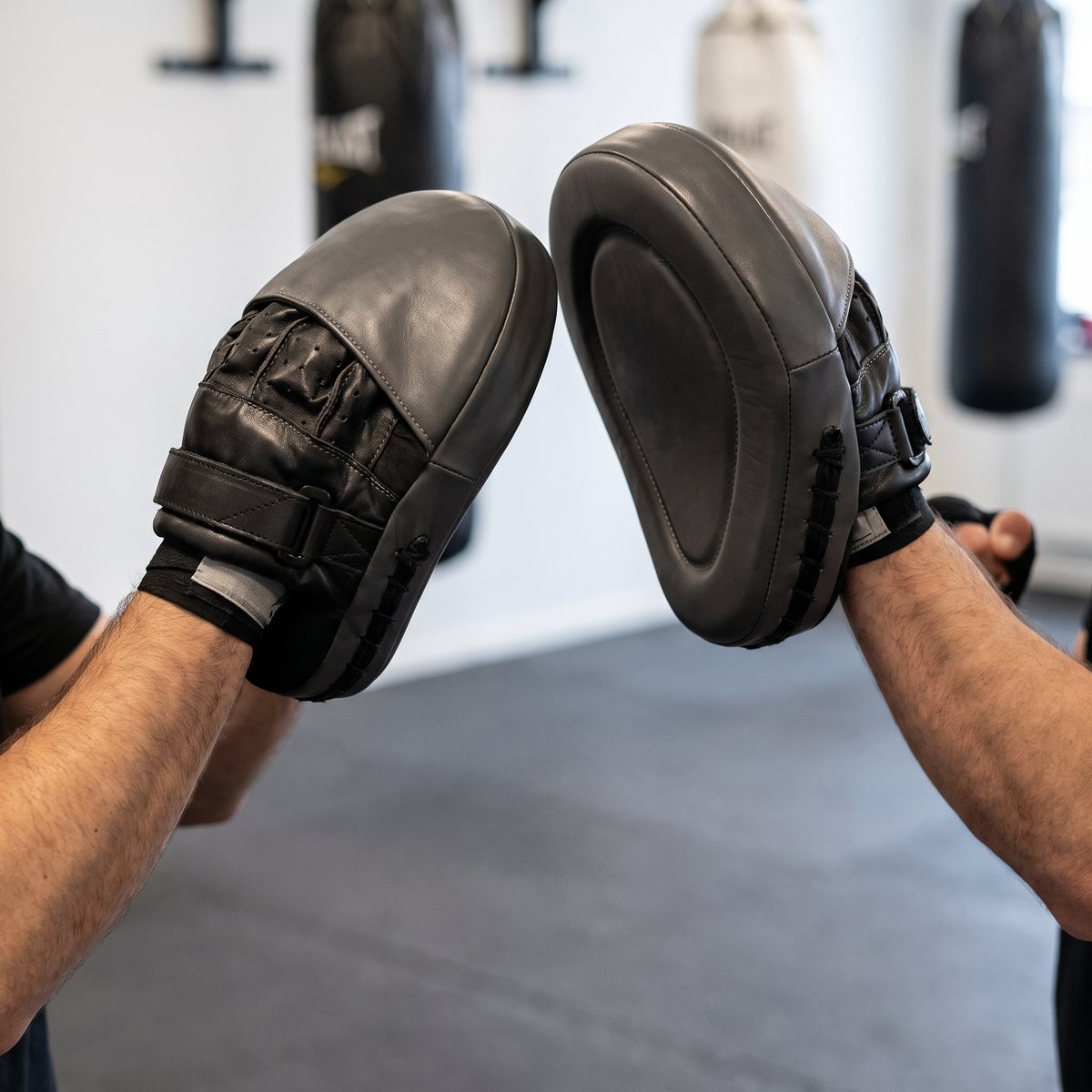 Tränare håller upp Everlast Powerlock Pro i grått läder under ett pass i en svensk boxningsklubb med gummigolv och boxsäckar