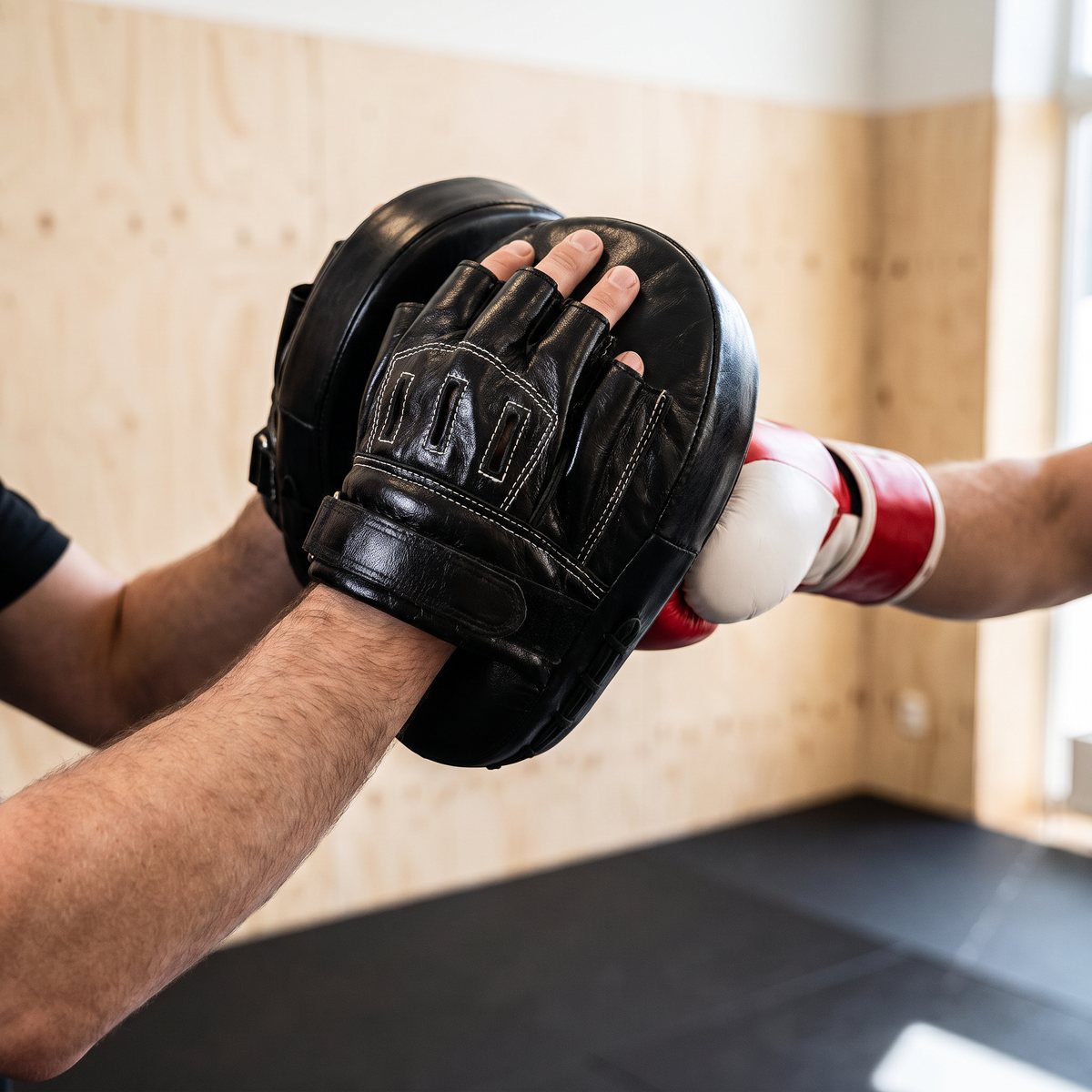 Tränare med Nordic Fighter Focusmitsar i svart läder tar emot slag från en boxare i en svensk kampsportslokal med björkplywood