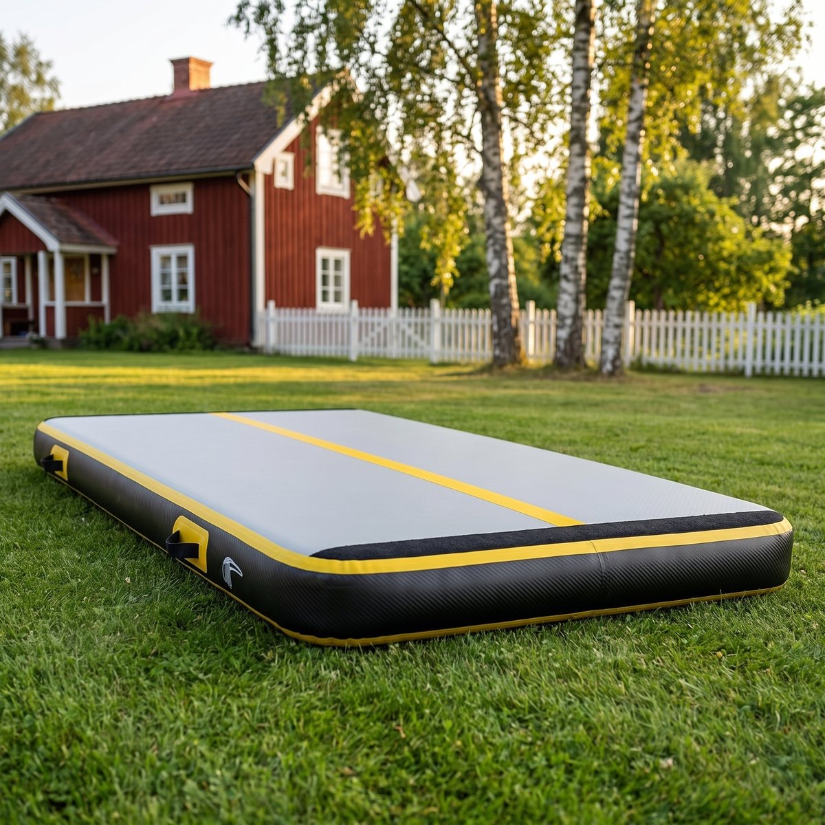 Bred svart luftbana med gula detaljer från Airtrack Nordic på en gräsmatta vid en röd stuga i Sverige