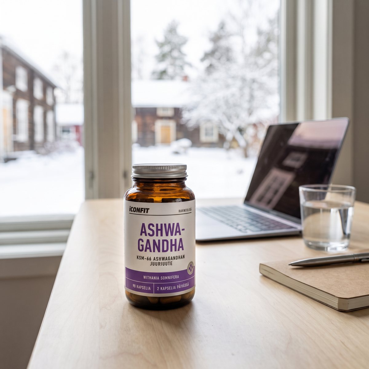 Burk med ICONFIT Ashwagandha på ett björkskrivbord i ett svenskt hemmakontor med snöigt fönster, laptop och vatten