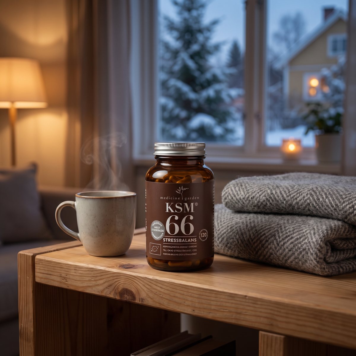 Burk med MedicineGarden KSM66 Ashwagandha på en furuhylla i ett svenskt vardagsrum en vinterkväll, med te och en filt