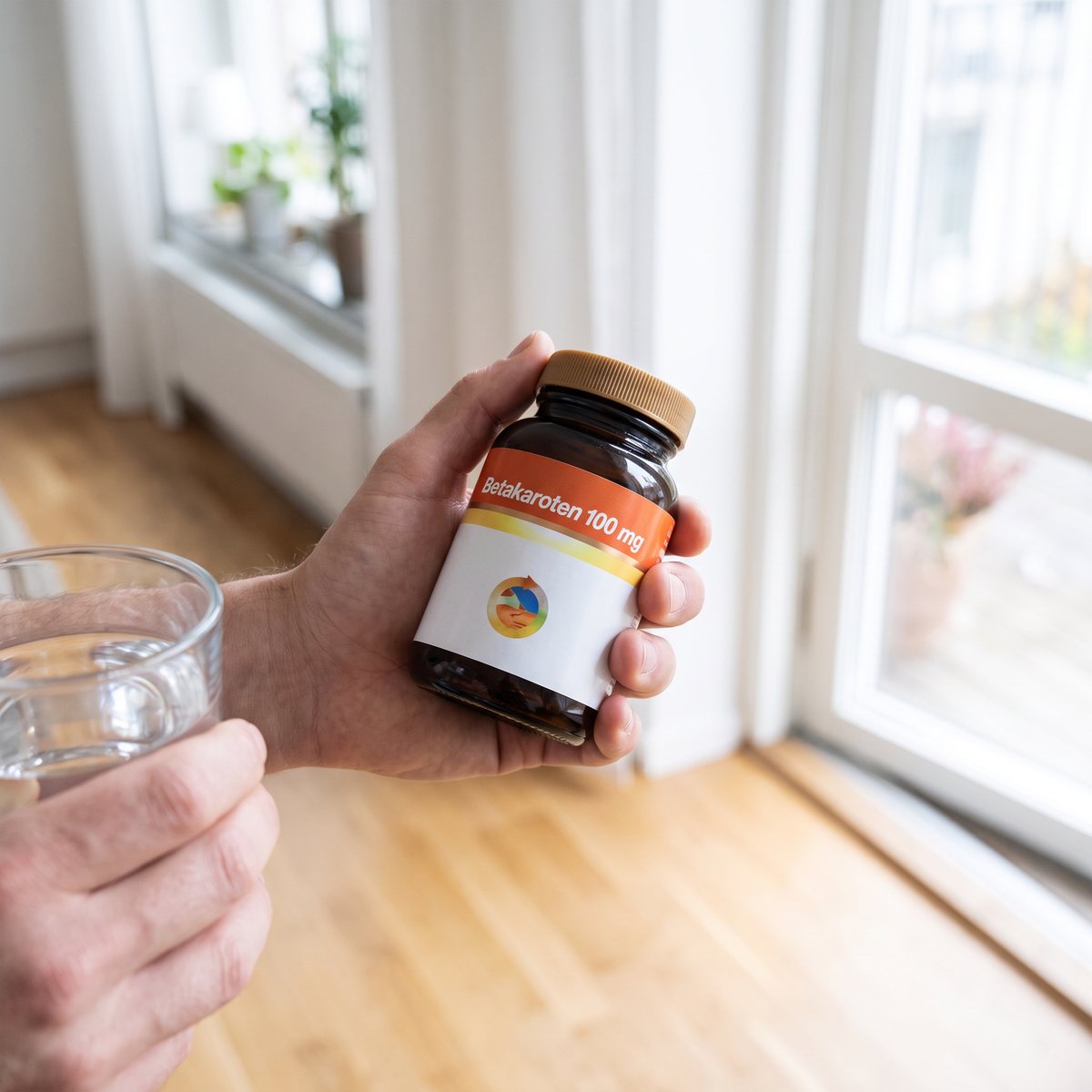 En hand håller en brun glasburk med Better You Betakaroten 100 mg och ett glas vatten vid ett fönster i en ljus svensk lägenhet