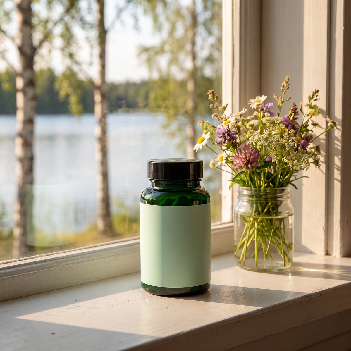 Mörkgrön glasburk med mintgrön etikett, Great Earth Betakaroten 100 mg, på ett fönsterbräde i en svensk sommarstuga med vildblommor och utsikt över björkar och sjö