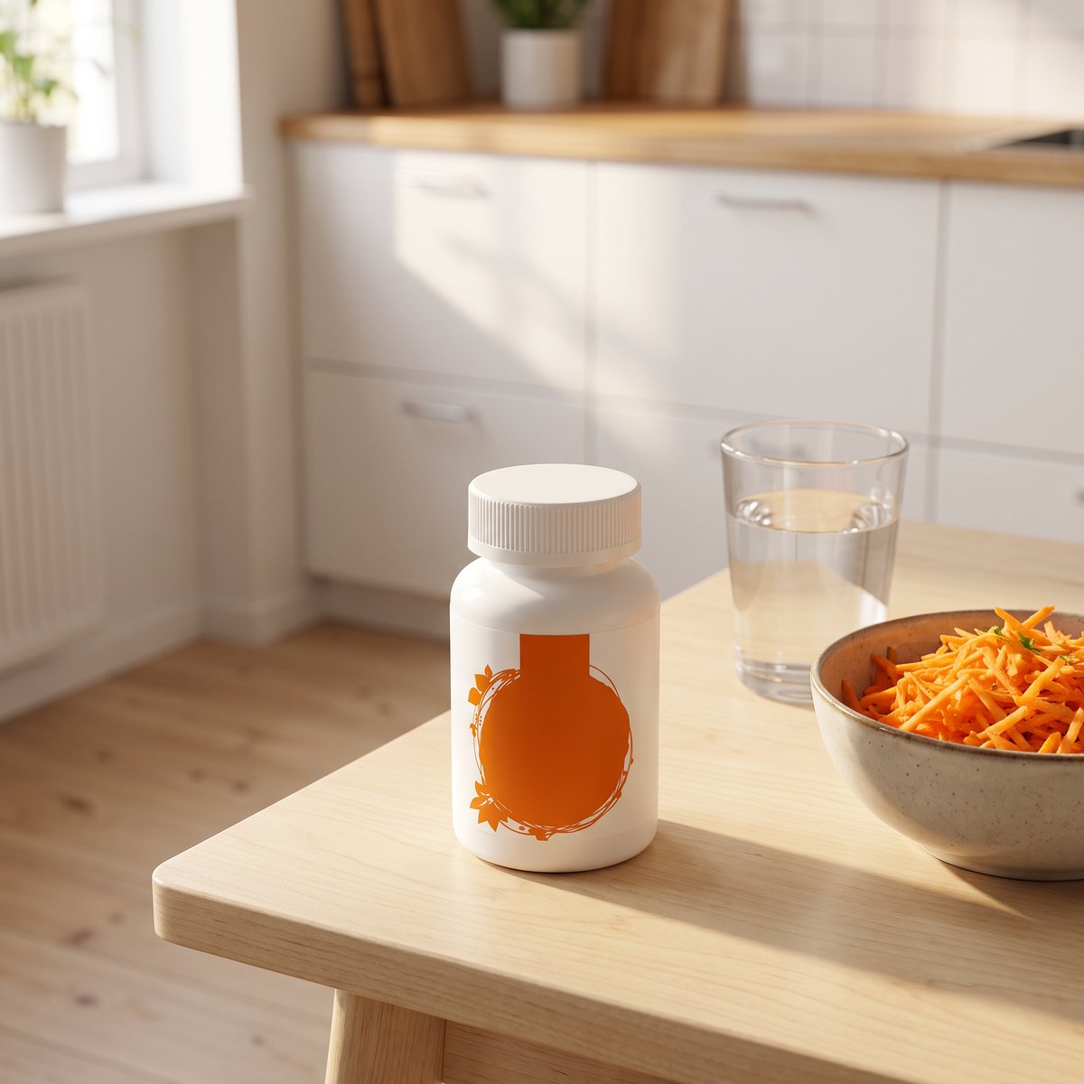 Vit burk med orange etikett, Healthwell Betakaroten 100, på ett köksbord i ljust trä i ett svenskt kök, bredvid ett glas vatten och en skål med riven morot
