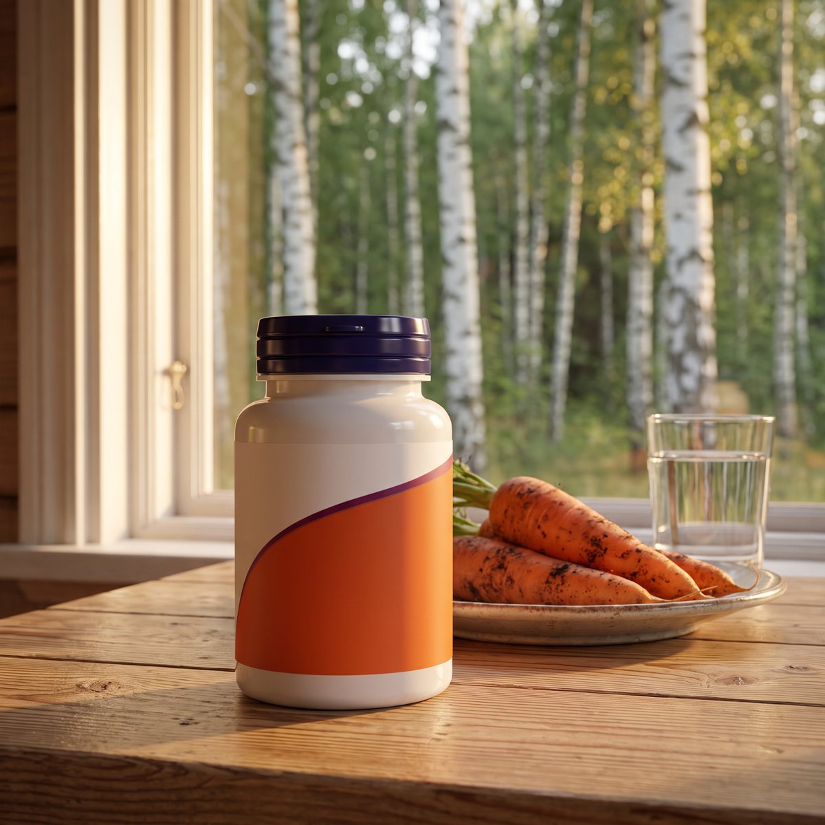 Vit burk med mörklila lock, NOW Natural Beta Carotene, på ett furubord i ett svenskt lanthus bredvid morötter och ett glas vatten