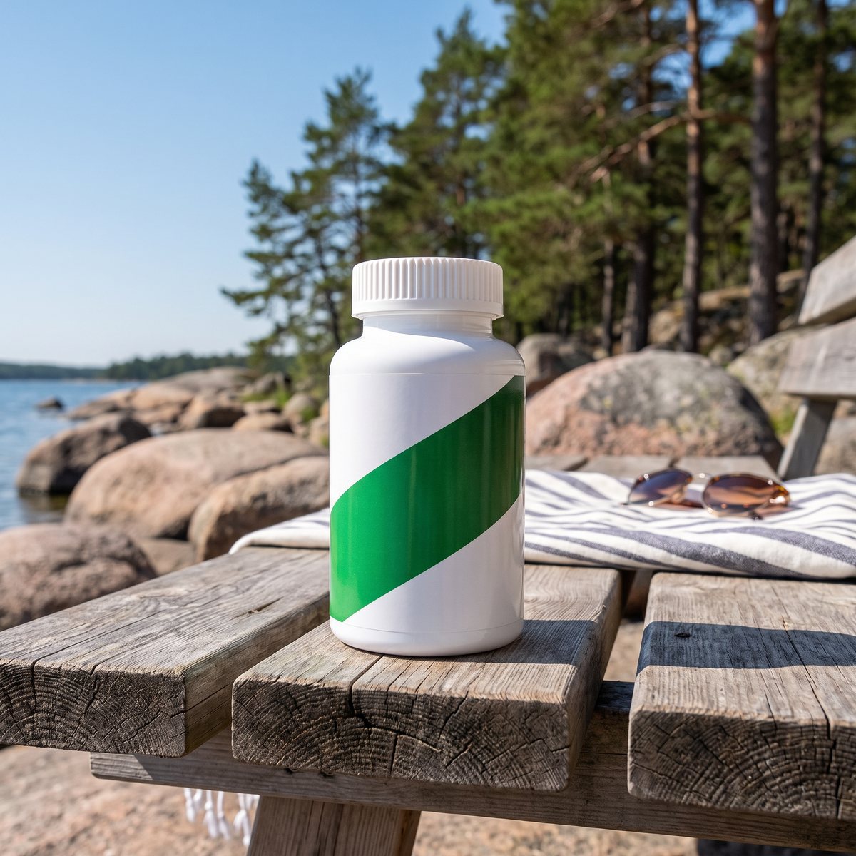 Vit burk med grön diagonal rand, Swedish Supplements Betakaroten, på en träbänk vid svensk kust med granitklippor och tallar