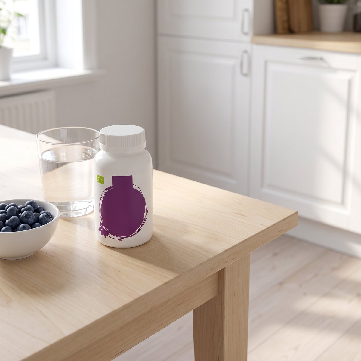 Healthwells acaikapslar i vit burk med lila etikett på ett köksbord i björk bredvid ett glas vatten, i ett svenskt kök