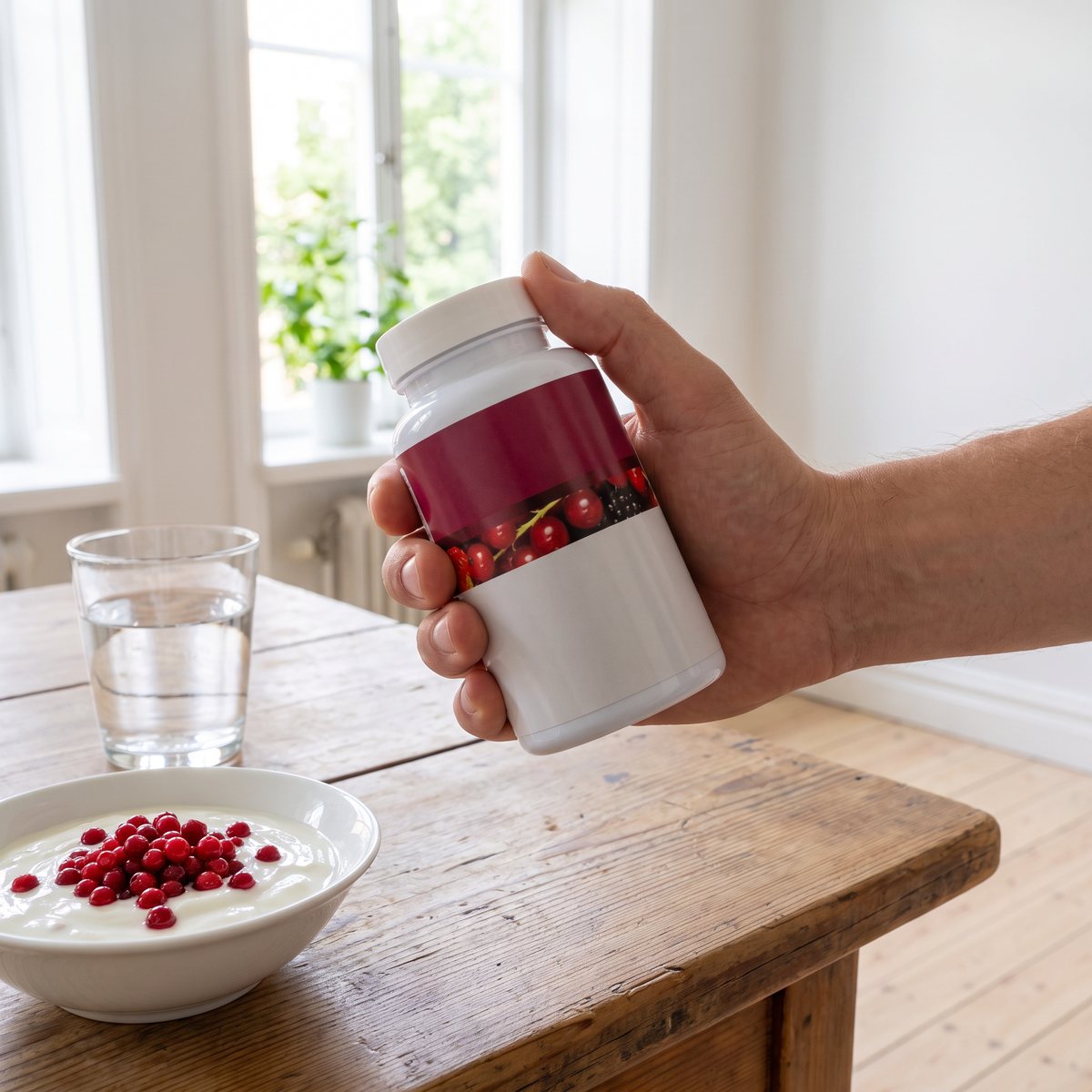 Better You Bär Boost i vit burk med bärröd etikett hållen i en hand över ett frukostbord i en svensk lägenhet