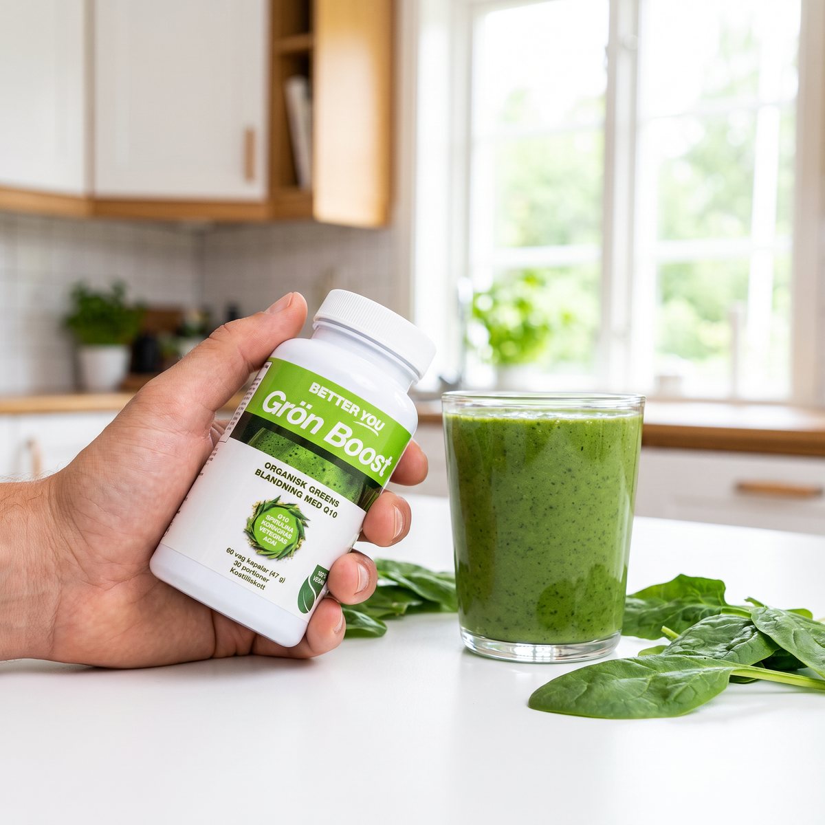 Better You Grön Boost i vit burk med grön etikett hållen i en hand bredvid en grön smoothie i ett svenskt kök