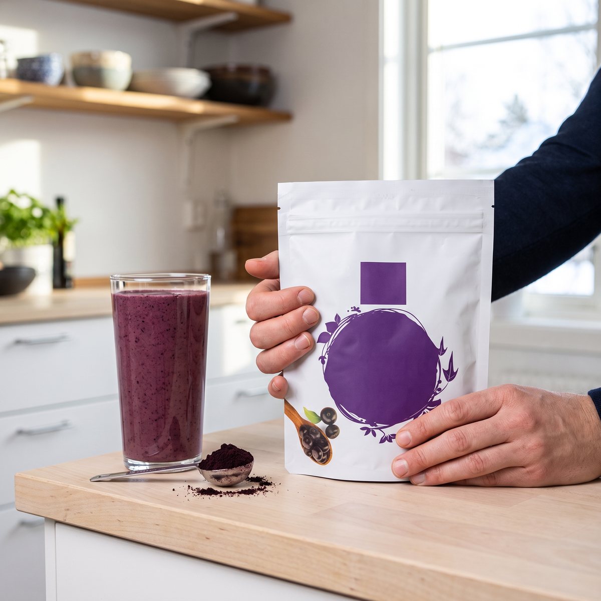 Healthwell acaipåse i ett svenskt kök bredvid ett glas lila acaismoothie och en mätsked med pulver