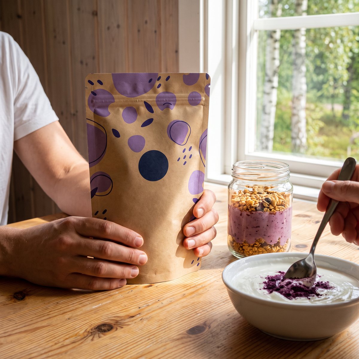 The Organic Labs acaipåse på ett furubord vid ett fönster mot björkskog, med acaipulver som rörs ner i yoghurt