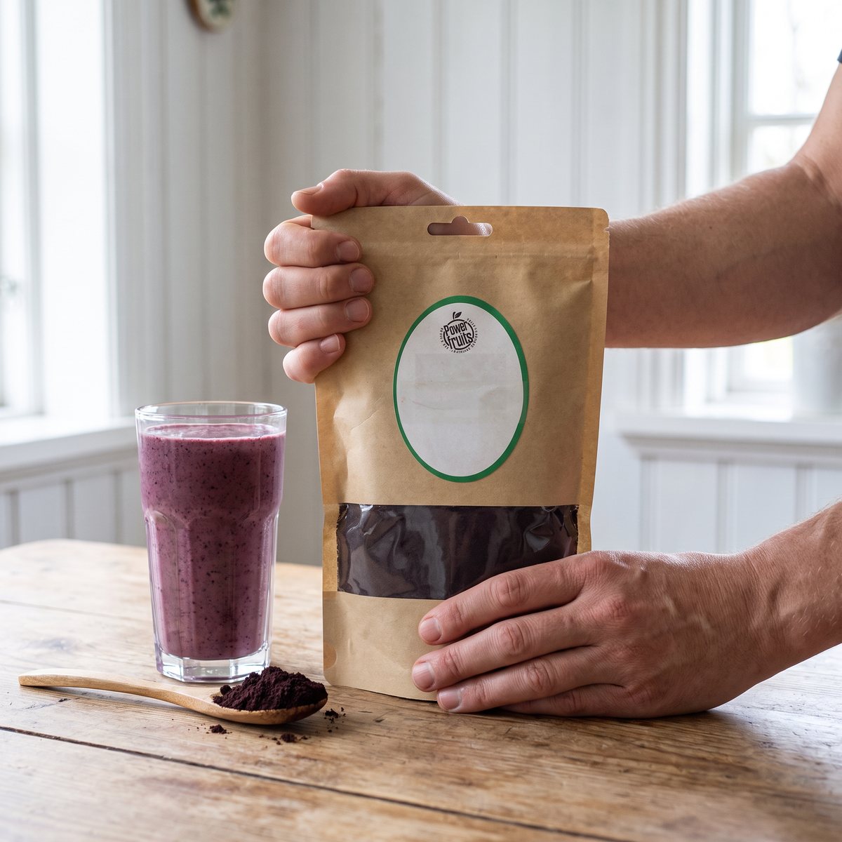 Powerfruits acaipåse med fönster hålls över ett träbord vid ett glas acaismoothie och en träsked med pulver i ett svenskt kök