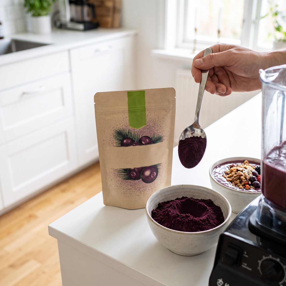 Rawpowder acaipulverpåse bredvid en skål med lilafärgat acaipulver, smoothiebowl och mixer i ett ljust svenskt kök