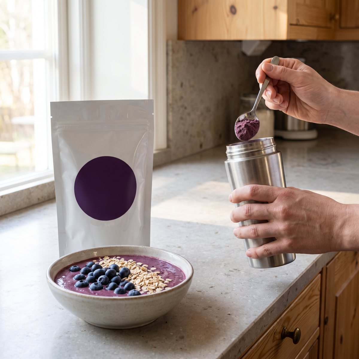 Superfruit acaipåse vid en skål med acaibowl och en shaker där pulver skeds i, på en stenbänk i ett svenskt hem