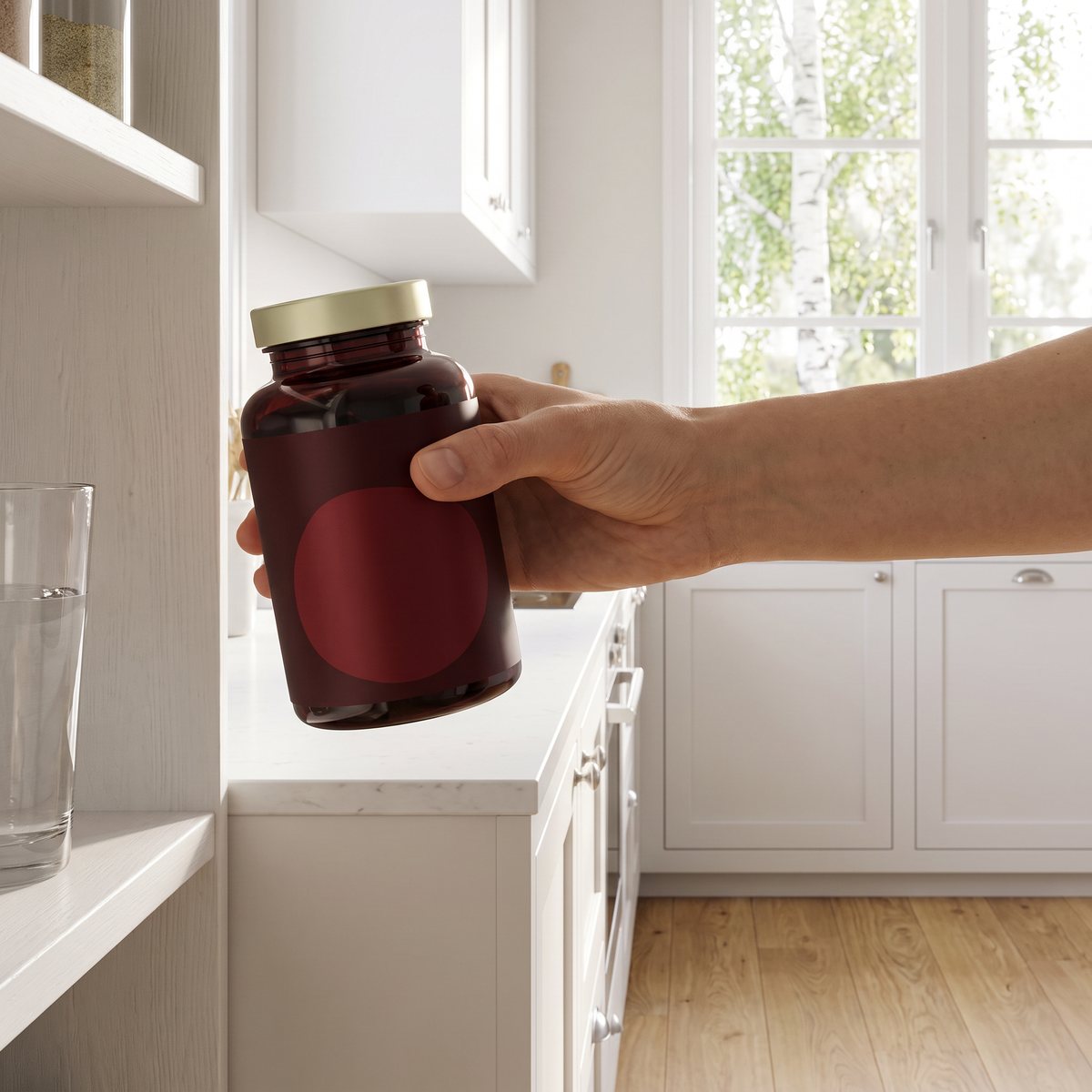 Burk med Healthwell Astragalus Extrakt i en hand i ett ljust svenskt kök med glas vatten och björkar utanför fönstret