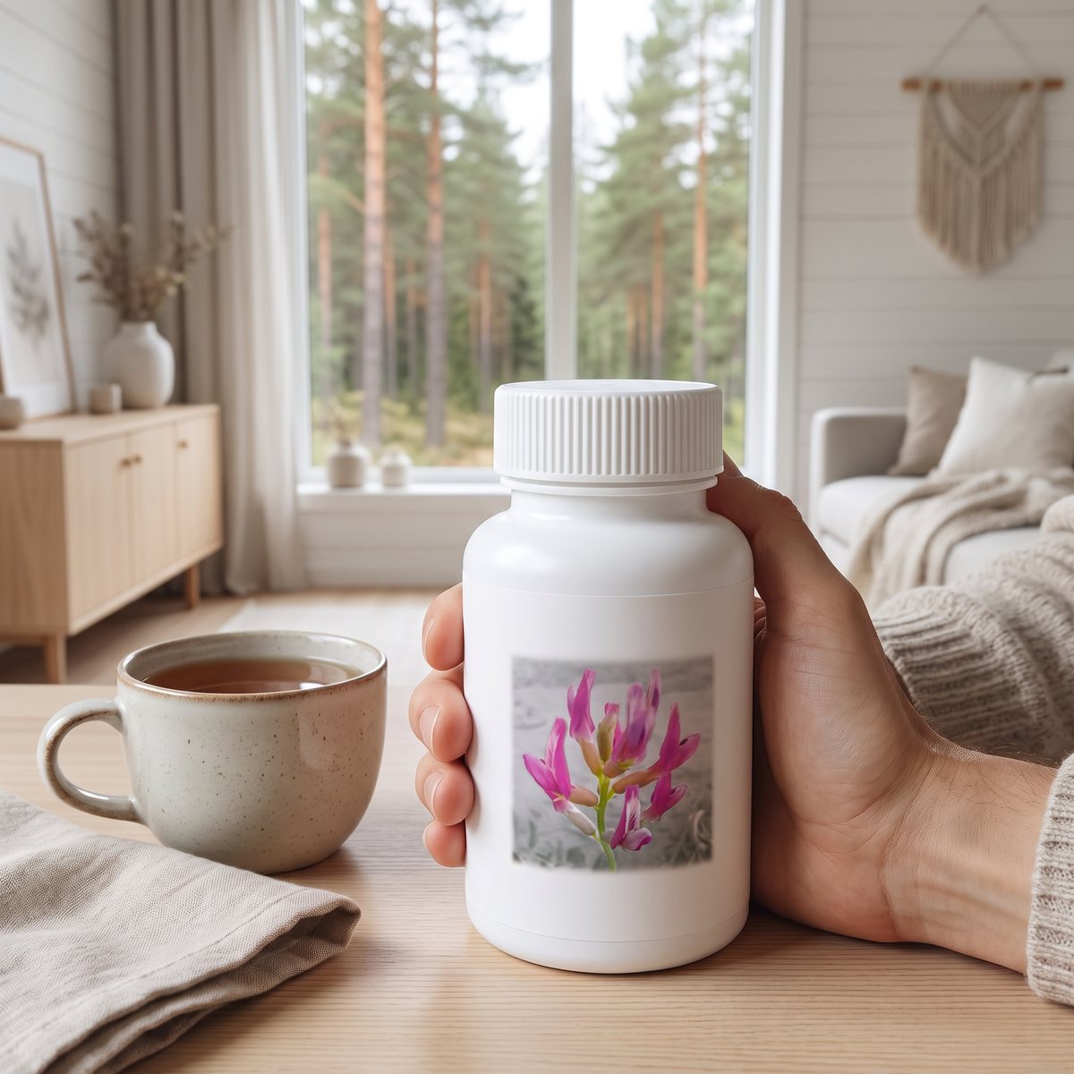 Vit burk med Supreme Nutrition Astragalus hållen i handen vid ett bord med tekopp i en svensk vardagsrumsmiljö med tallskog utanför
