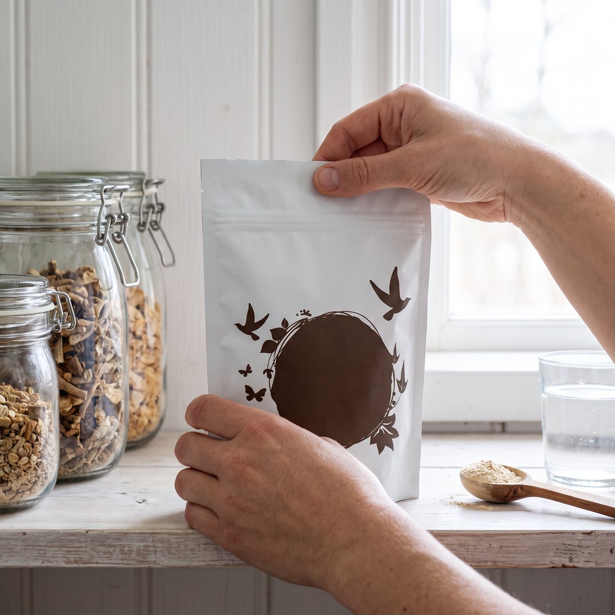 Healthwell ashwagandhapulver i vit påse på en trähylla i ett svenskt skafferi med en sked pulver och ett glas vatten