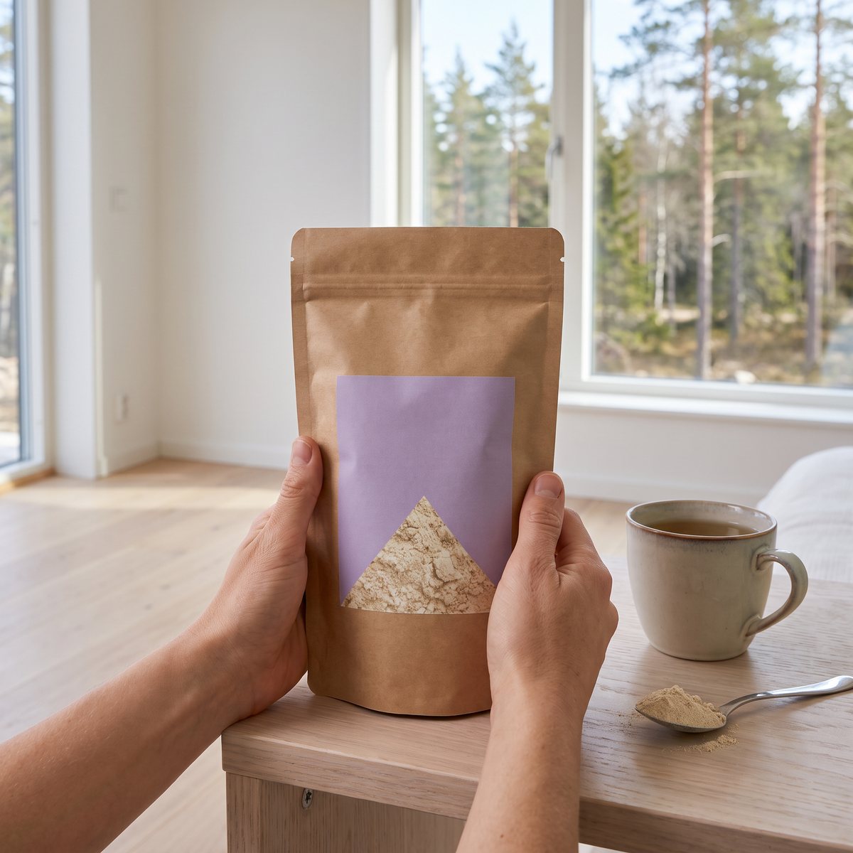 ICONFIT ashwagandhapulver i brun påse med lila etikett bredvid en tekopp vid ett fönster mot tallskog i ett svenskt hem