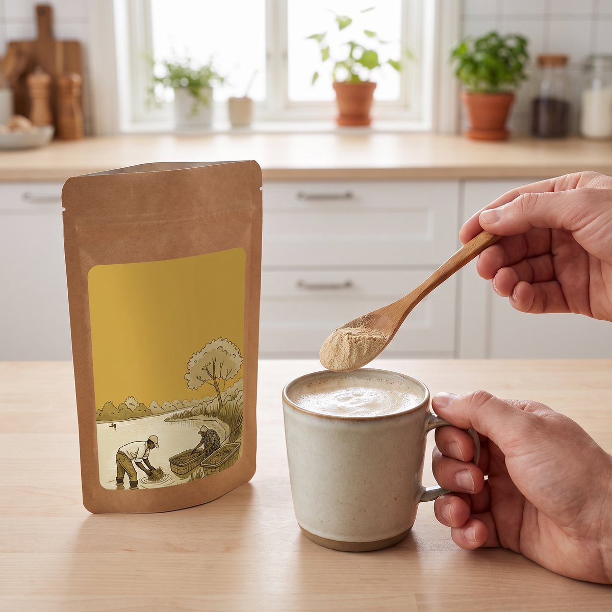 Lindroos ekologiskt ashwagandhapulver i kraftpåse, en tesked pulver rörs ner i en mugg varm havremjölk i ett svenskt kök