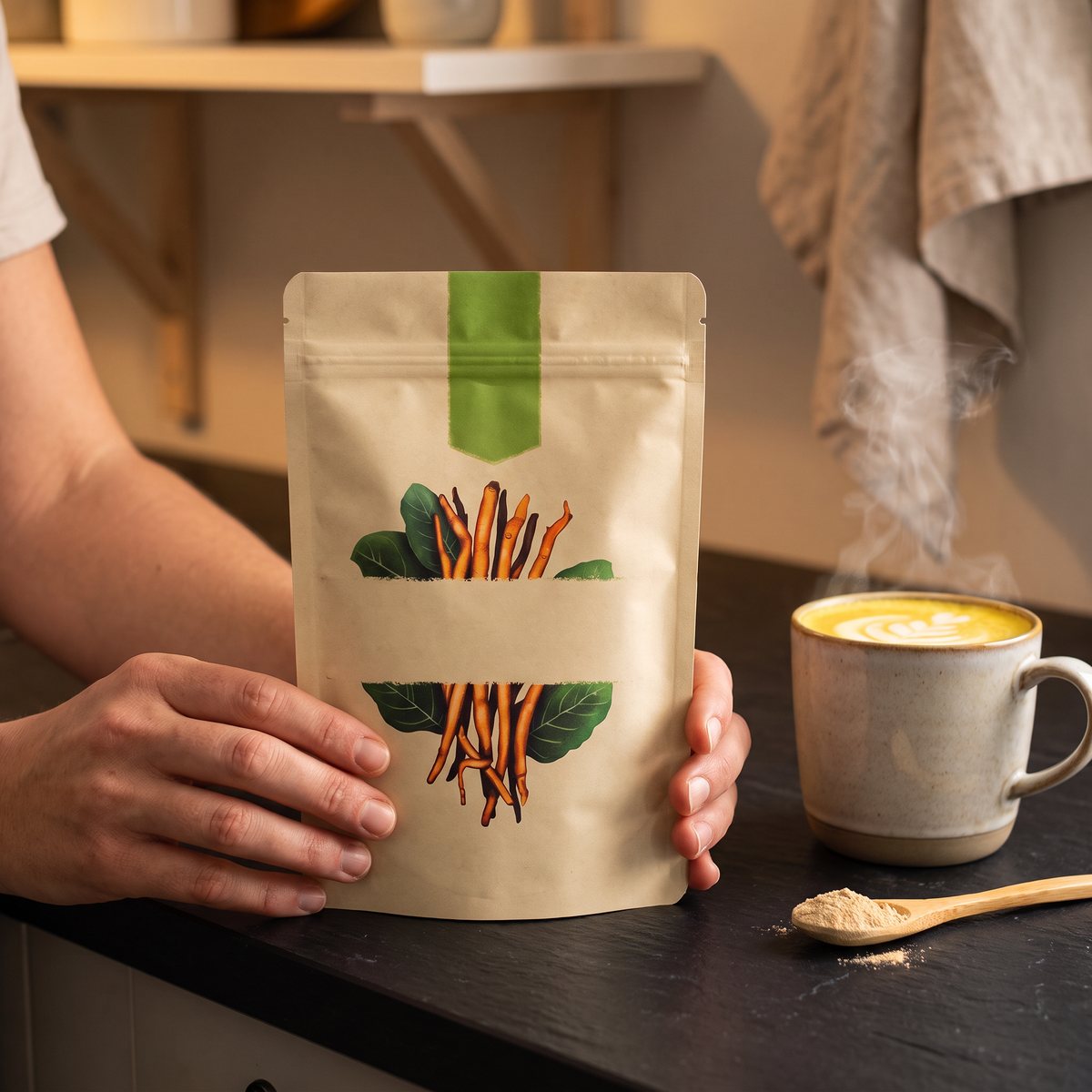 RawPowder ashwagandhapulver i beige påse bredvid en rykande kopp gyllene latte på en mörk köksbänk i ett svenskt hem