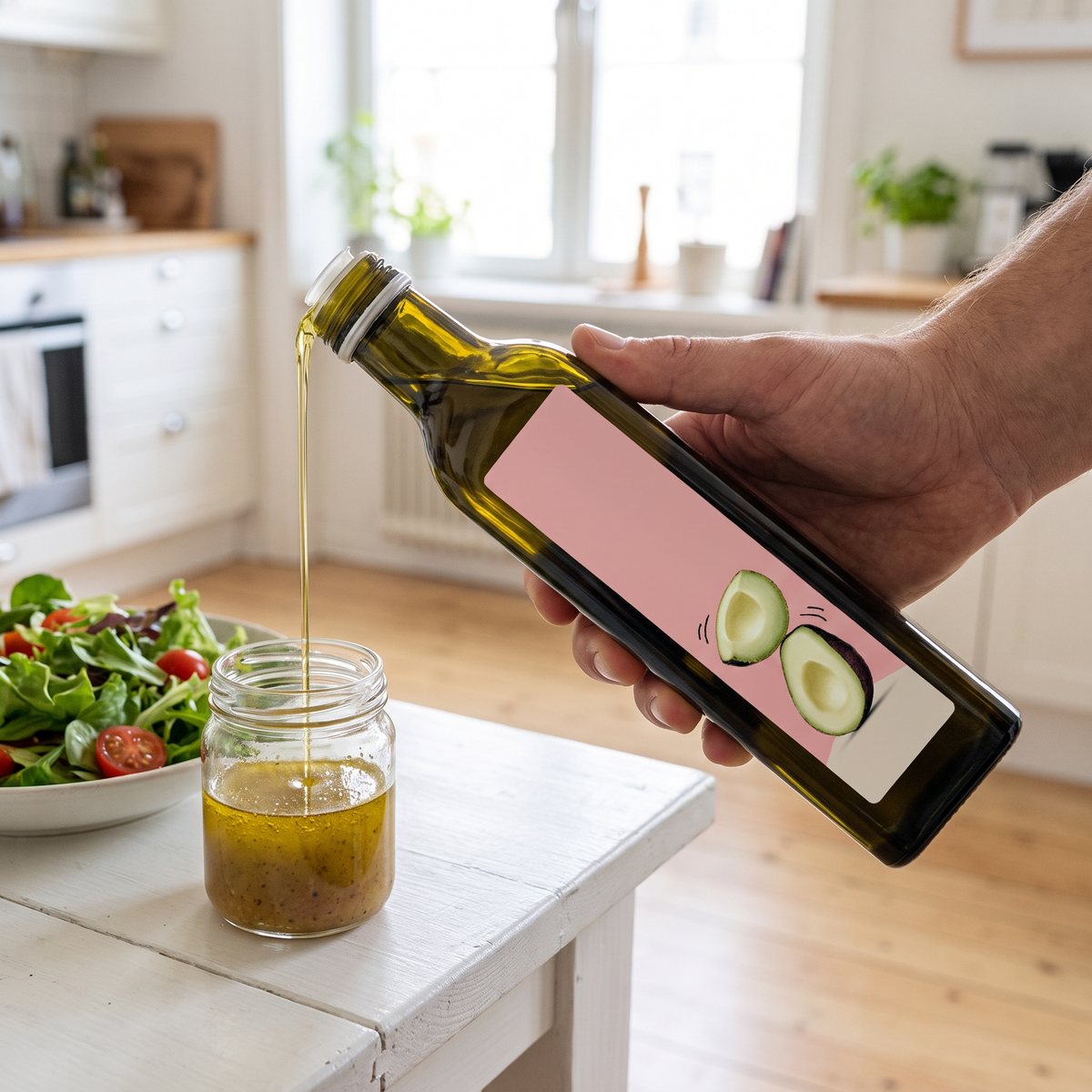 HealthyCo Avocado Oil hälls i en glasburk med salladsdressing bredvid en skål grönsallad i ett ljust svenskt kök