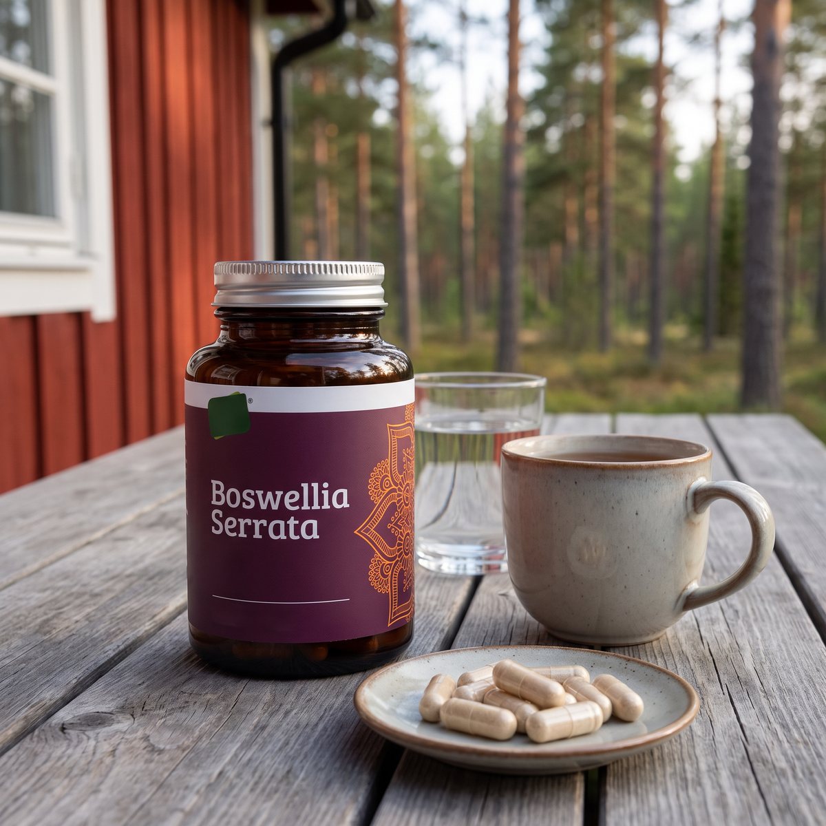 Nature Provides Boswellia Serrata-burk på ett grått träbord på en svensk sommarstugeveranda med te, vatten och kapslar på ett fat