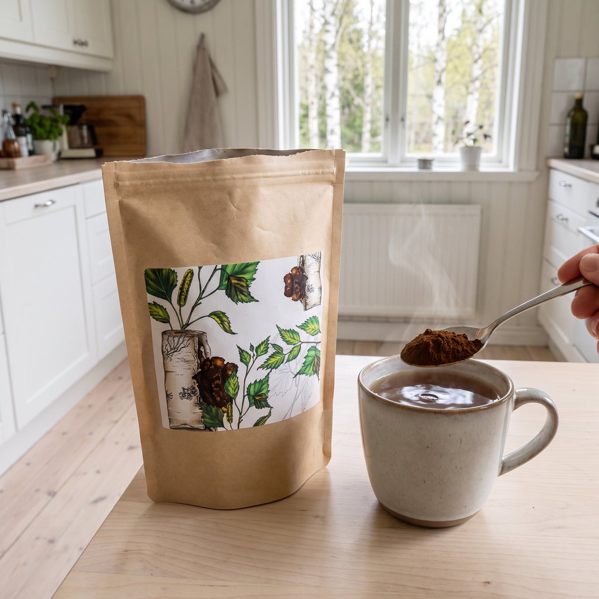 Förpackning med chagapulver från Mother Earth bredvid en tekopp där pulvret rörs ner, i ett svenskt kök