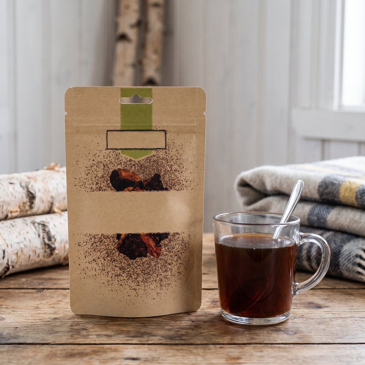 Rawpowder Chaga Instant-påse bredvid ett glas med uppslaget chagadrycken i ett svenskt stugkök