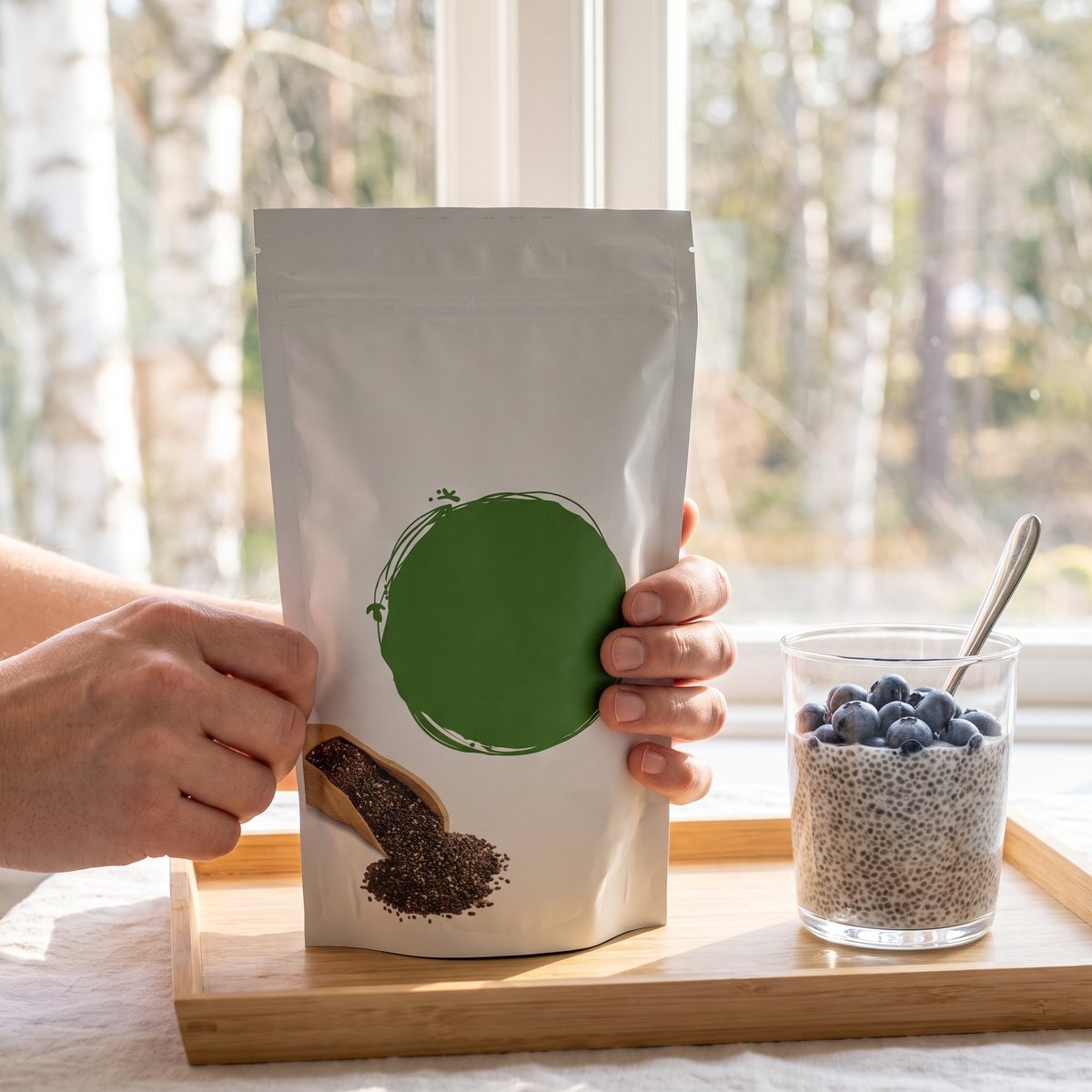 Påse med Healthwell chiafrön bredvid chiapudding med blåbär vid ett frukostbord med björkar utanför