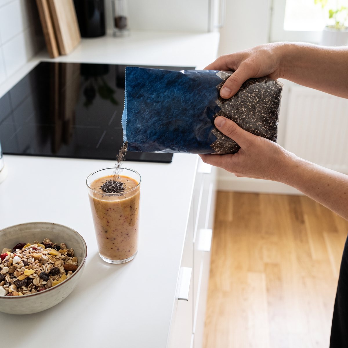 Kung Markatta chiafrön hälls i ett smoothieglas vid en induktionshäll i ett svenskt kök