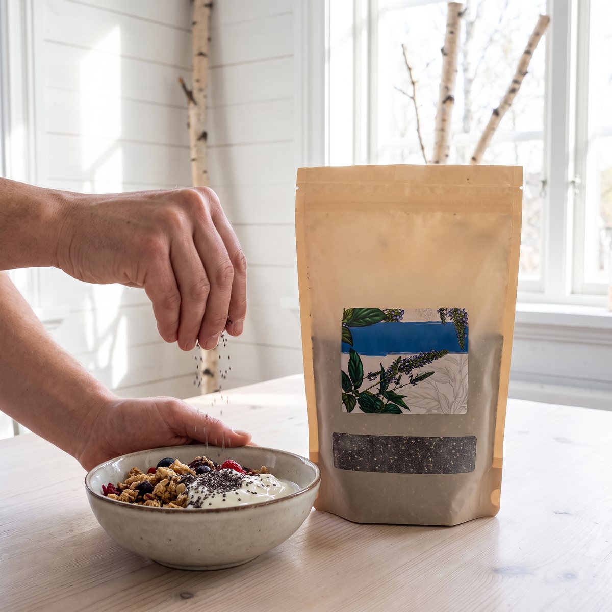 Påse med svarta chiafrön från Mother Earth bredvid en skål yoghurt och granola i ett ljust svenskt hem