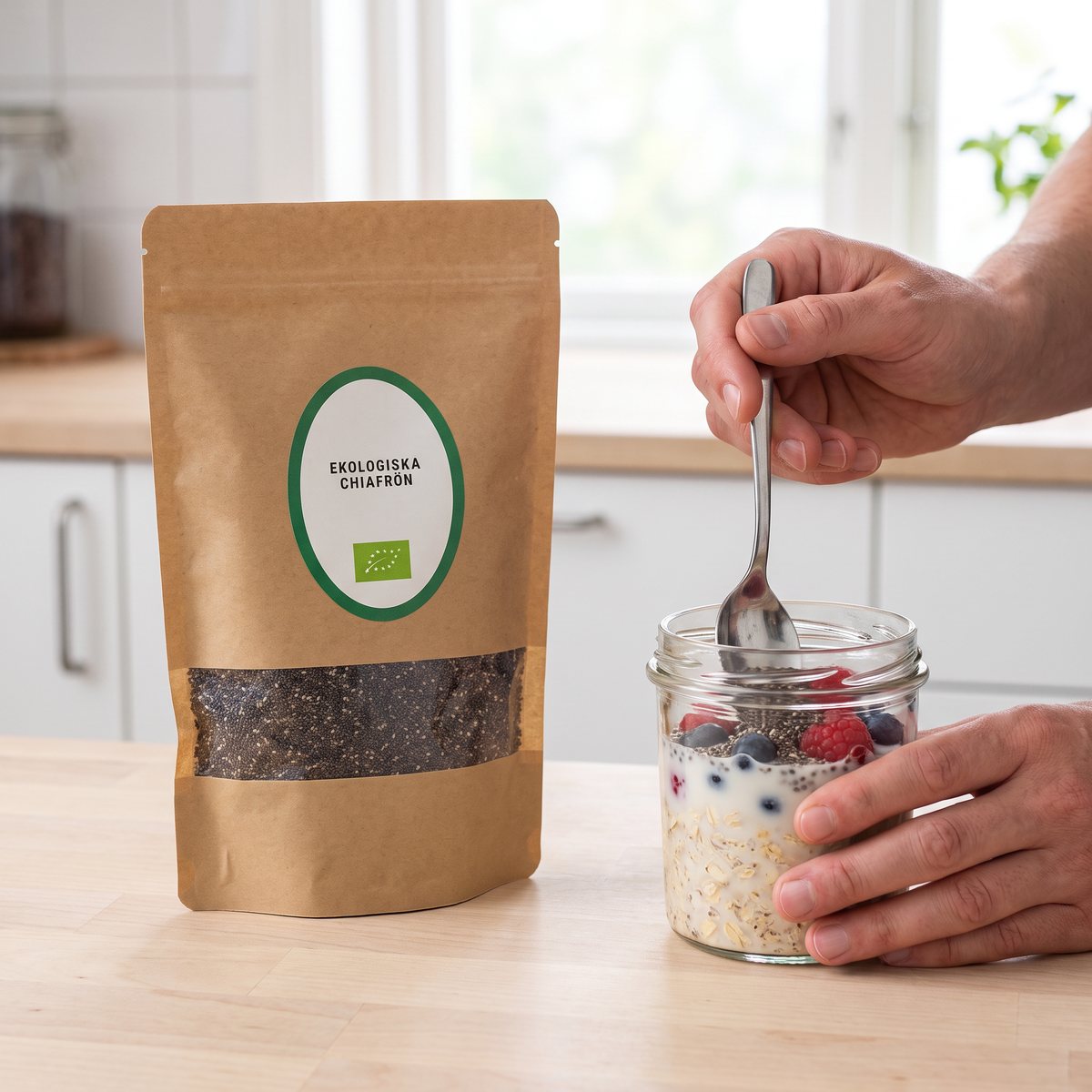 Påse med ekologiska chiafrön från Powerfruits bredvid ett glas overnight oats med bär på en köksbänk i ett svenskt kök
