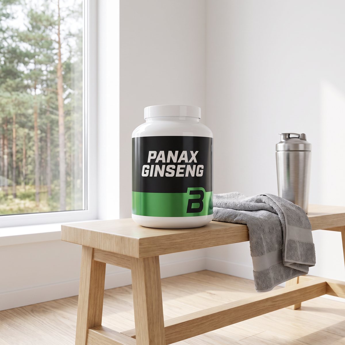 BiotechUSA Panax Ginseng på en bänk i ett svenskt hemmagym med handduk och shaker