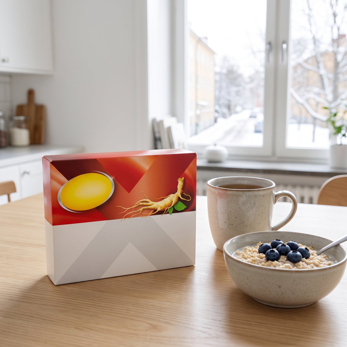 Gerimax Ginseng Energikur i kartong på ett frukostbord i en ljus svensk lägenhet en vintermorgon