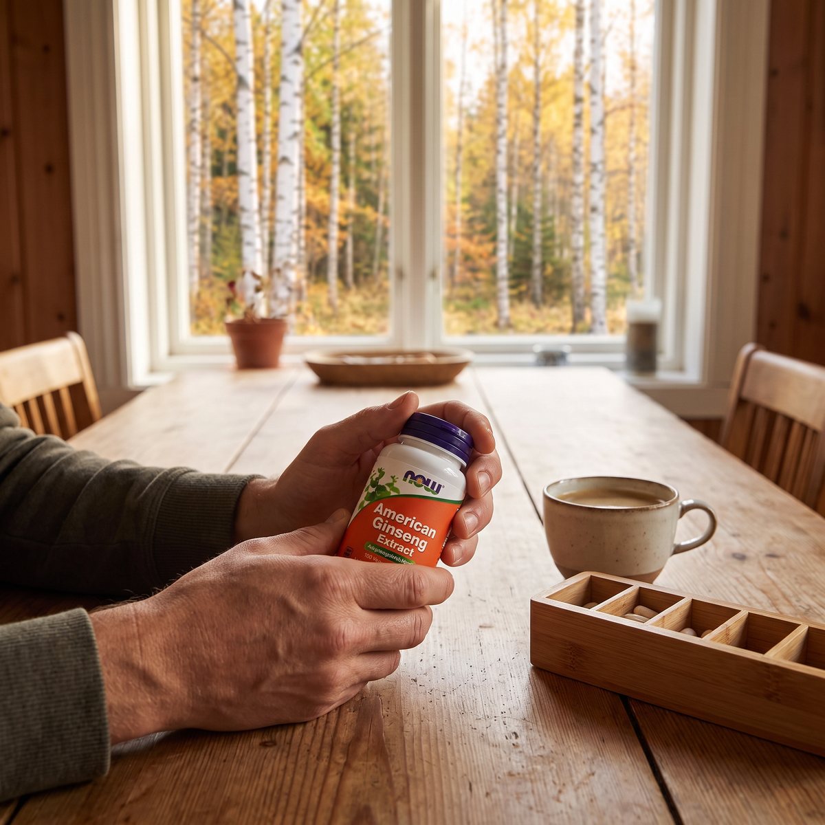 NOW Foods American Ginseng hålls i handen vid ett träbord i ett svenskt hem med björkskog utanför fönstret