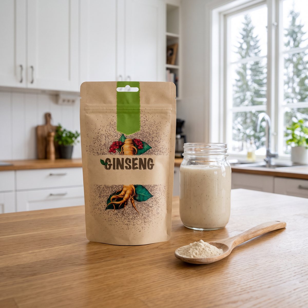 Rawpowder Panax Ginseng pulver i papperspåse på en köksbänk i ett svenskt kök, med glasburk och träsked