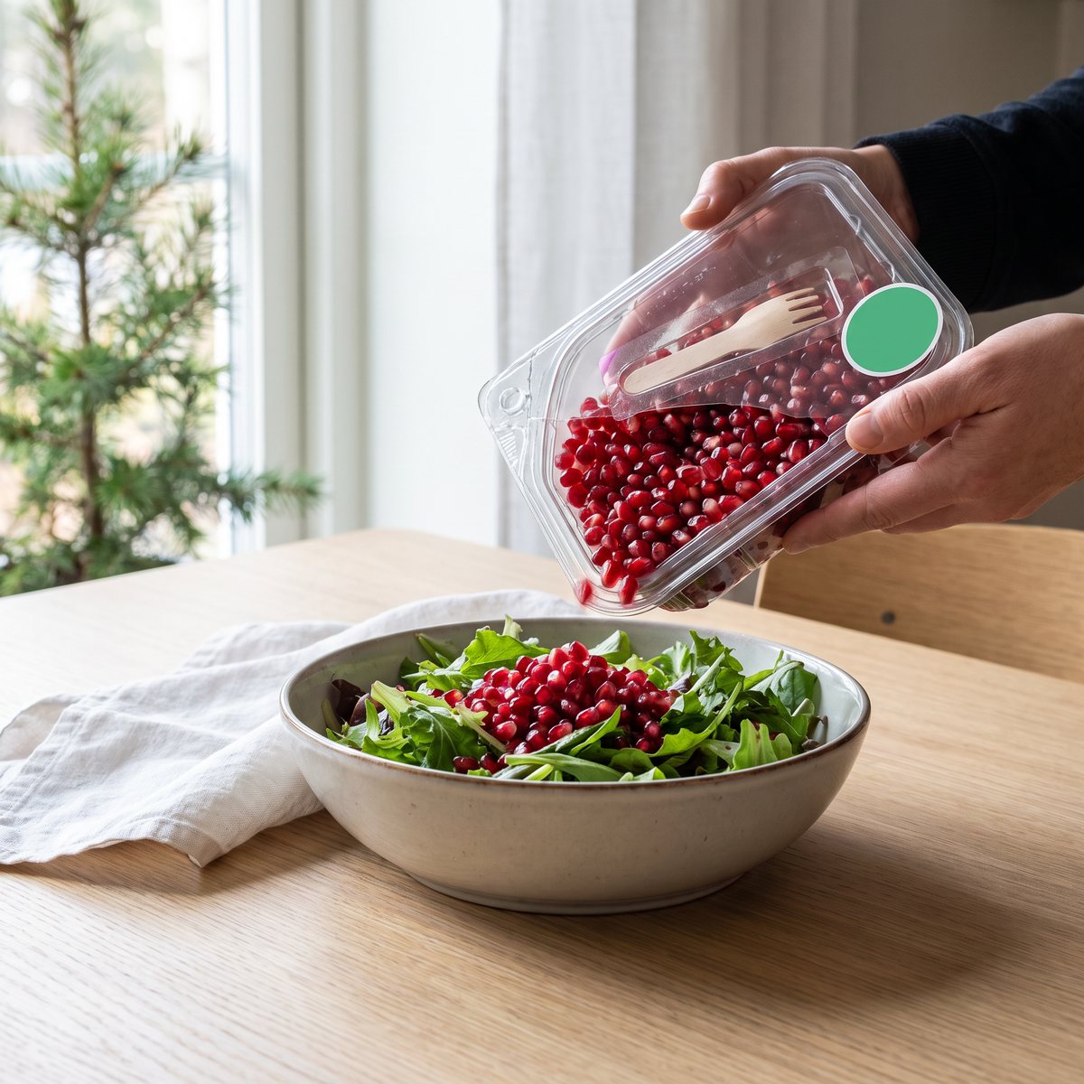 Färska granatäpplekärnor i plastbox med träsked som strös över en grönsallad på ett köksbord i ett svenskt hem