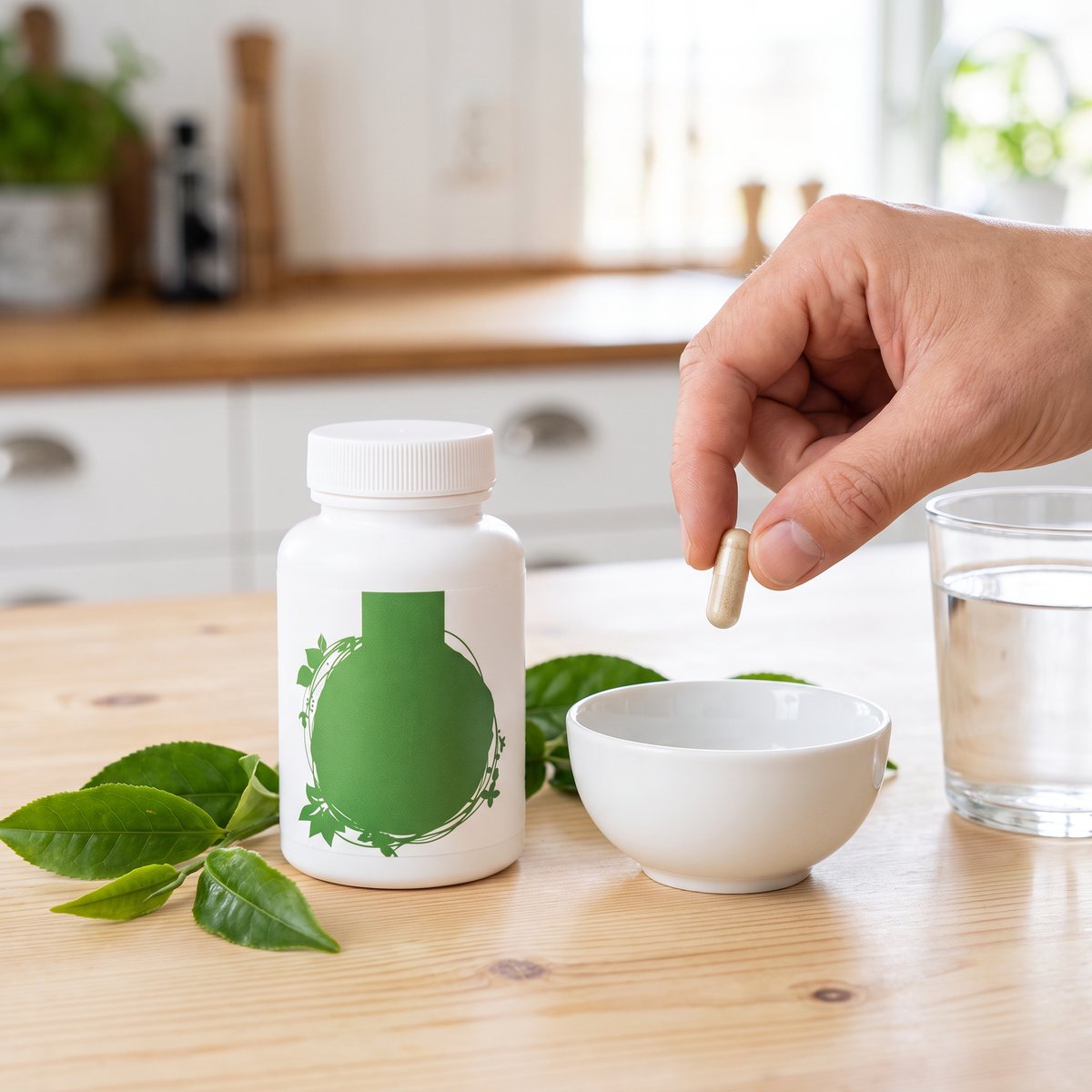 Vit burk med Healthwell Grönt Te Extrakt på en köksbänk i furu i ett svenskt hem, med teblad, vatten och en hand som håller en kapsel