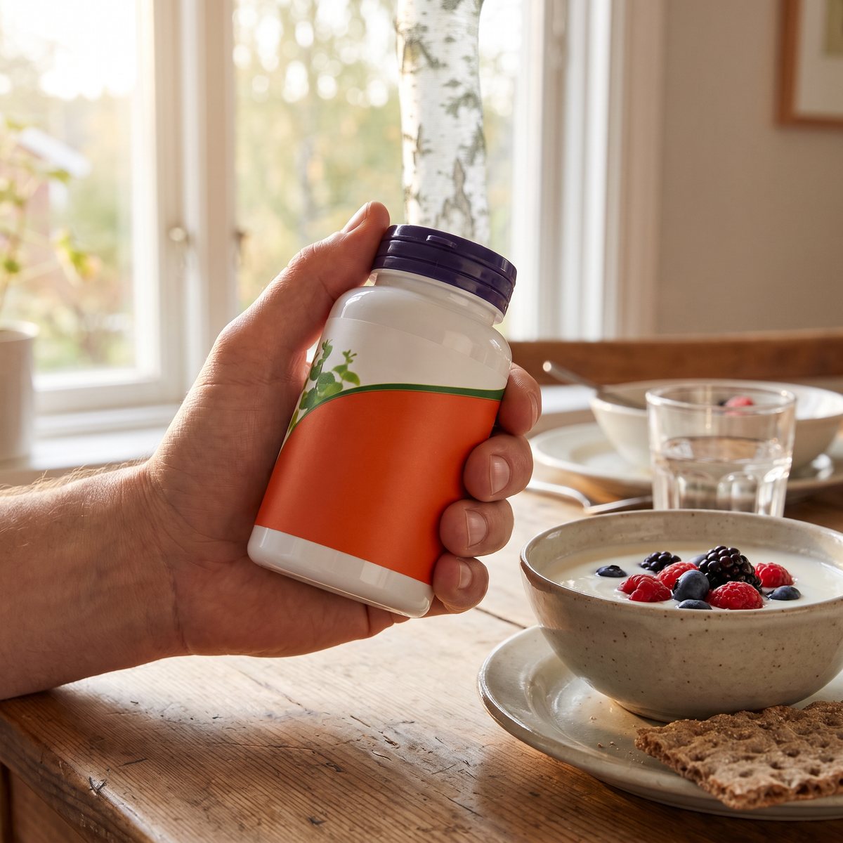 Hand som greppar NOW Green Tea Extract vid ett svenskt frukostbord med filmjölk och knäckebröd