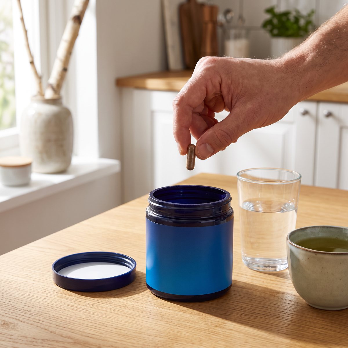 Burk med Star Nutrition Grönt Te på ett ljust ekbord i ett svenskt kök, med vattenglas och en kopp grönt te medan en hand håller en kapsel