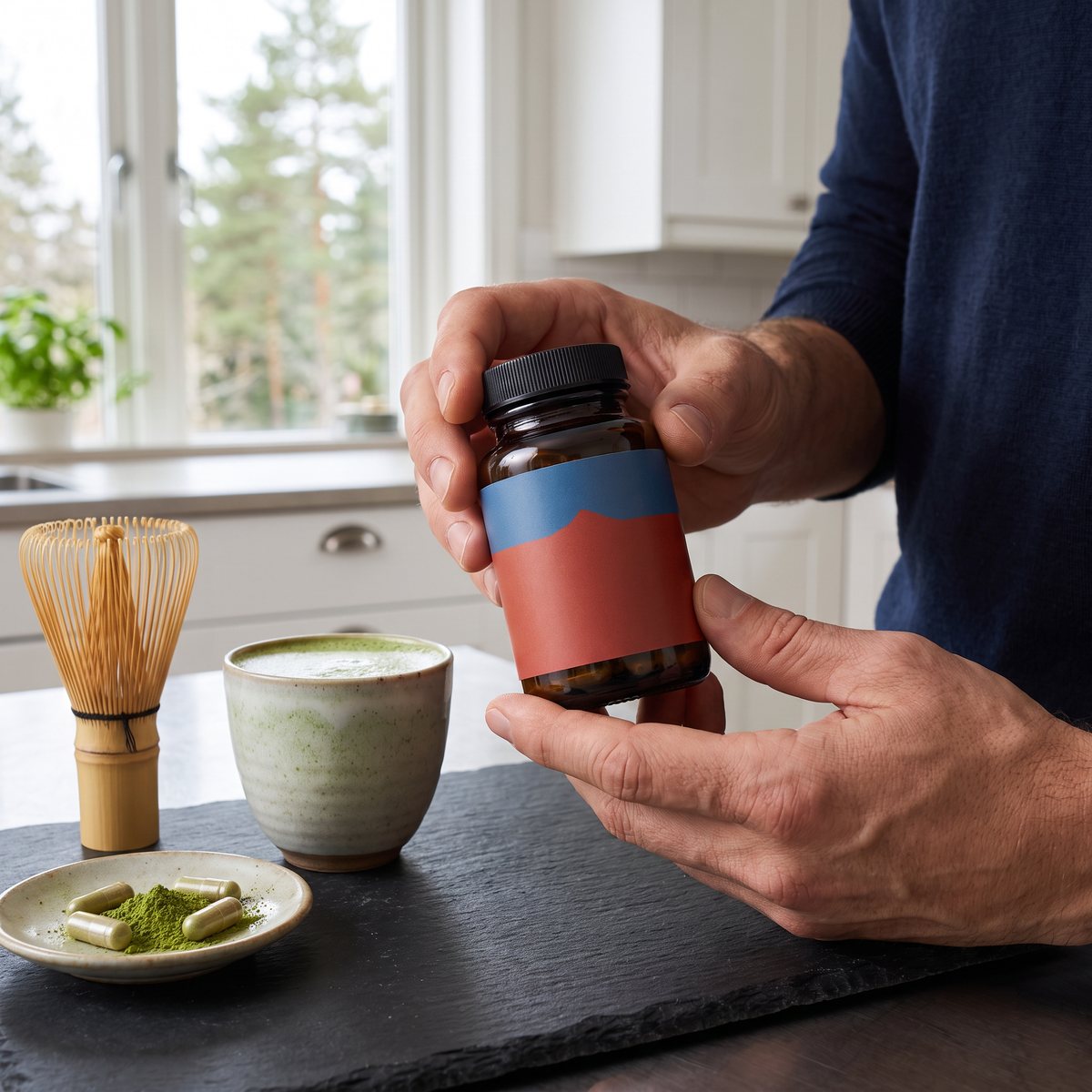 Hand som håller Terranova Matcha Green Tea i ett svenskt kök med matchakopp och visp