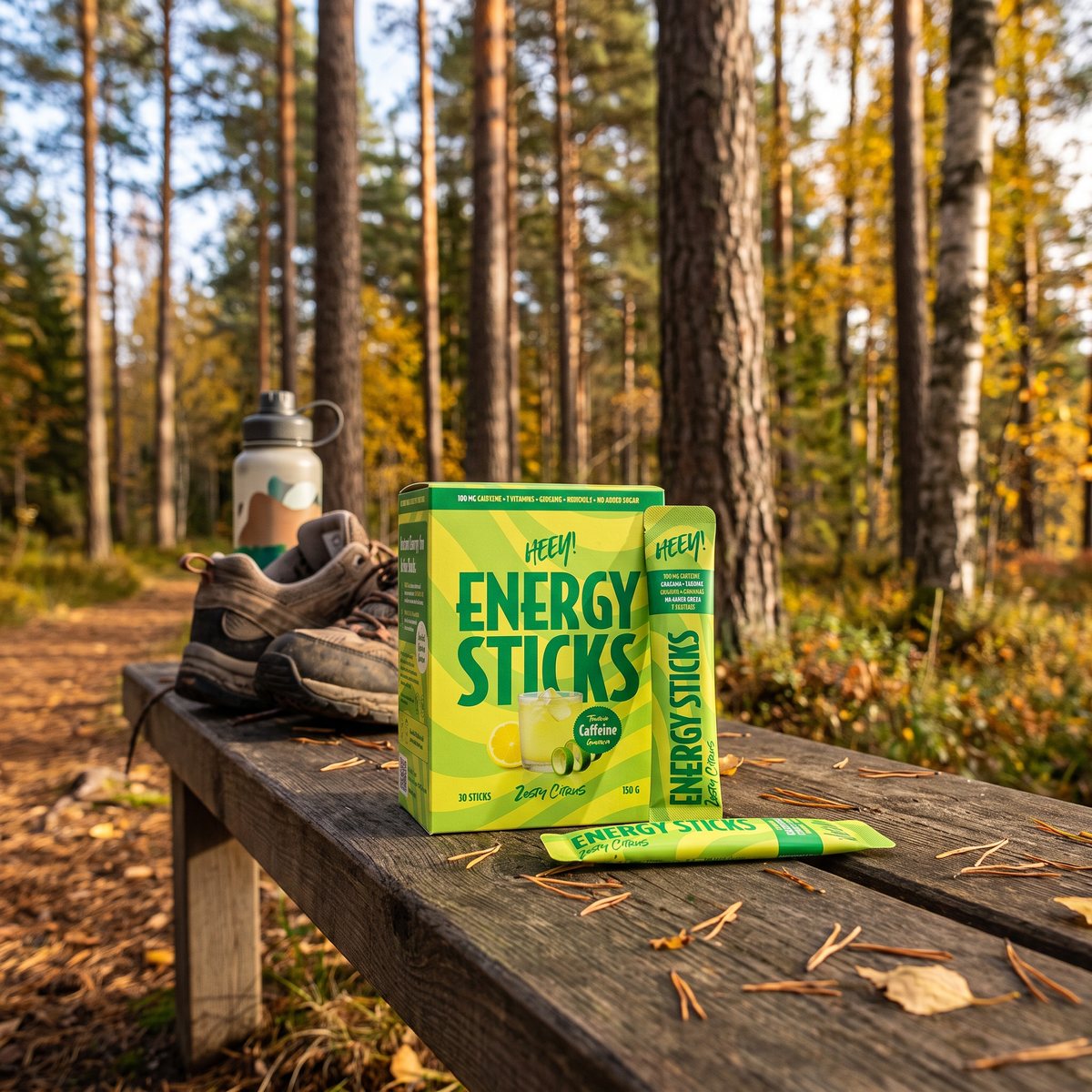 Heey Energy Sticks i grön kartong med en portionspåse på en bänk vid en skogsstig i Sverige