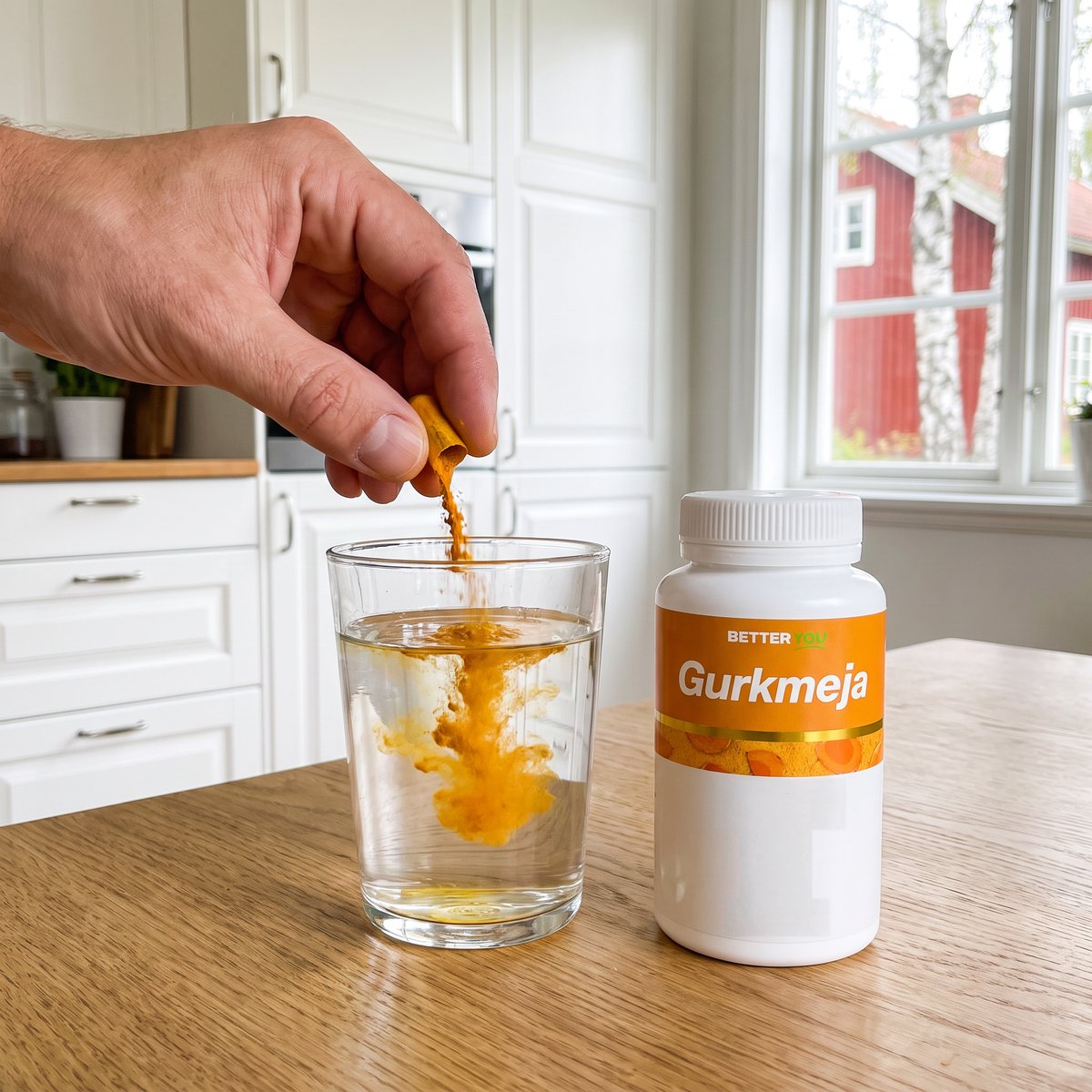 Hand som tömmer en öppnad kapsel gurkmejapulver i ett glas vatten bredvid en burk Better You Gurkmeja på ett köksbord i ett svenskt kök