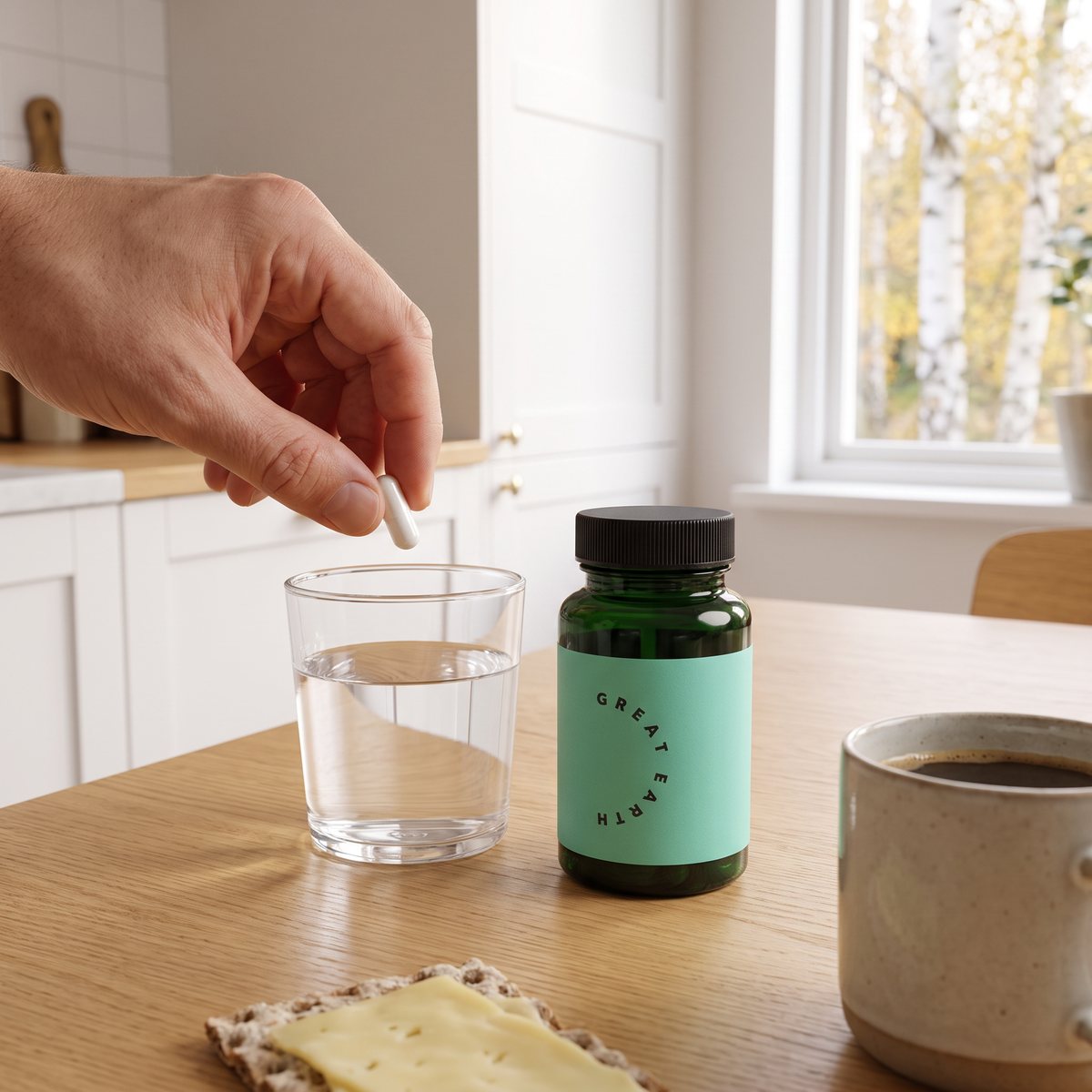 Burk med Great Earth Gurkmeja på ett frukostbord i ljust svenskt kök, en hand håller en kapsel över ett glas vatten bredvid kaffe och knäckebröd