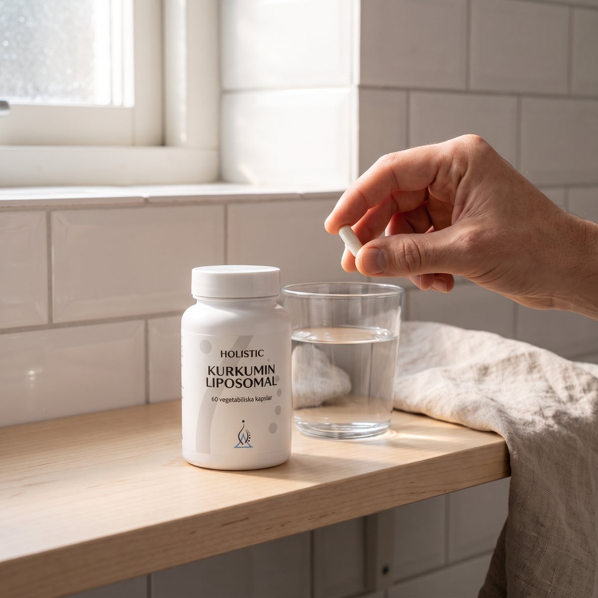 Vit burk Holistic Kurkumin Liposomal på en ljus trähylla i ett svenskt badrum, en hand håller en vit kapsel ovanför ett glas vatten