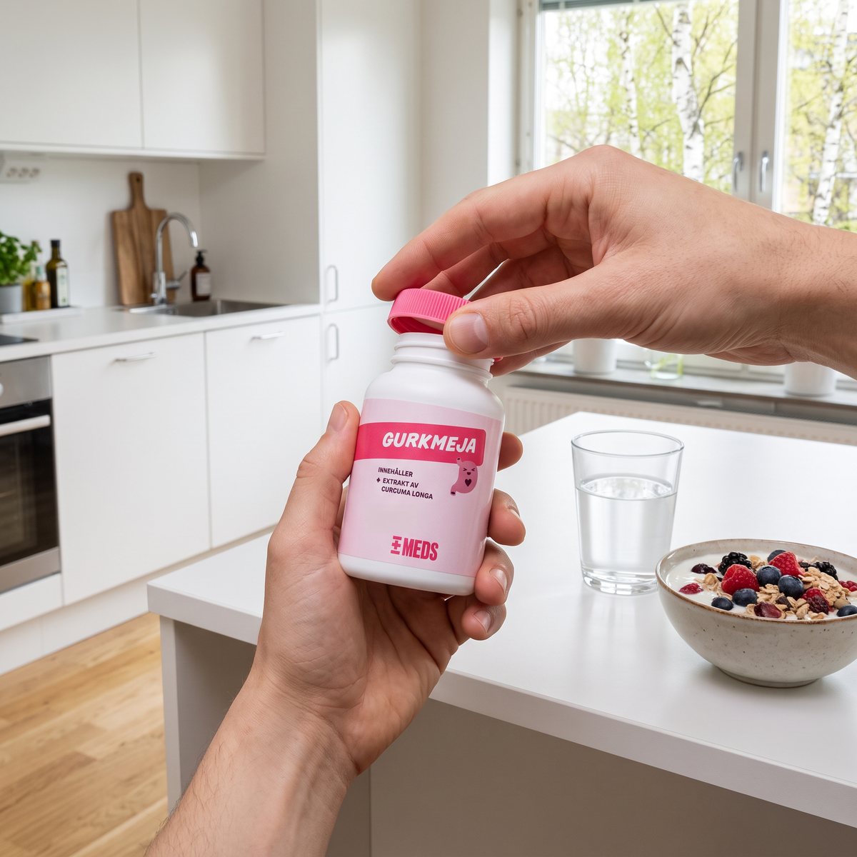 Hand som skruvar av det rosa locket på en burk MEDS Gurkmeja vid en vit köksö i en svensk lägenhet, glas vatten och yoghurt med bär i bakgrunden